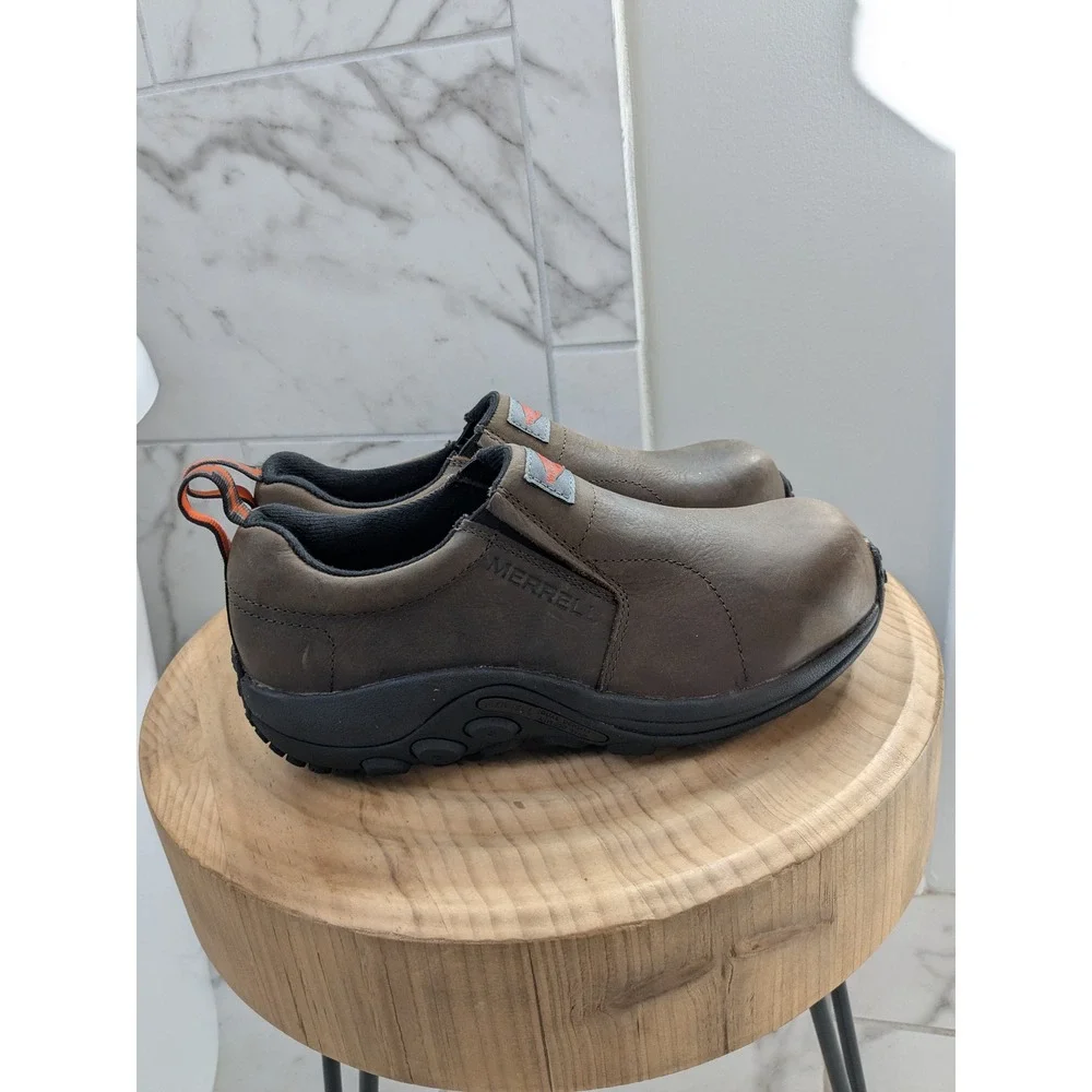 NWOB Merrell Work Jungle Moc Alloy Toe Men Brown Leather Slip On Comfortbase 7.5